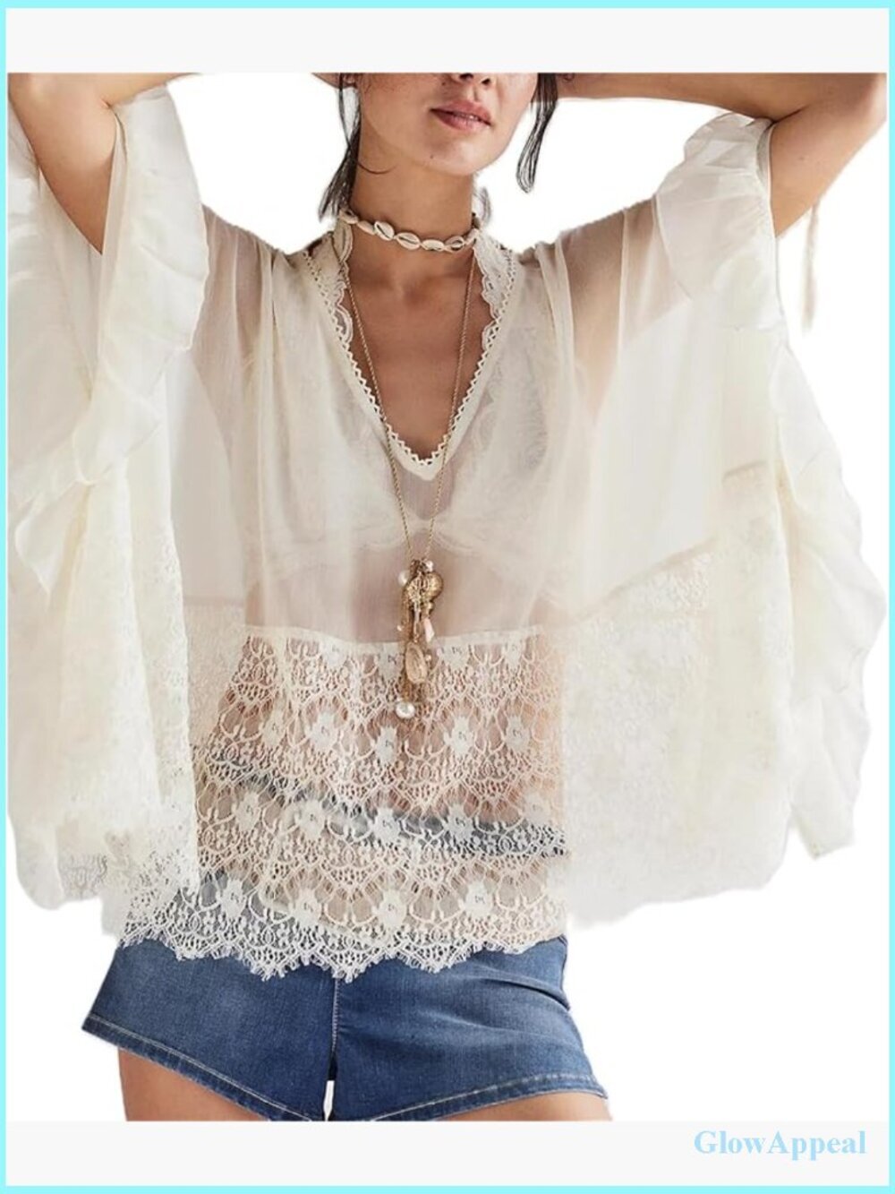 Sheer Poncho Top Chiffon Flowy Beach Cover Up Long Sleeve V Neck